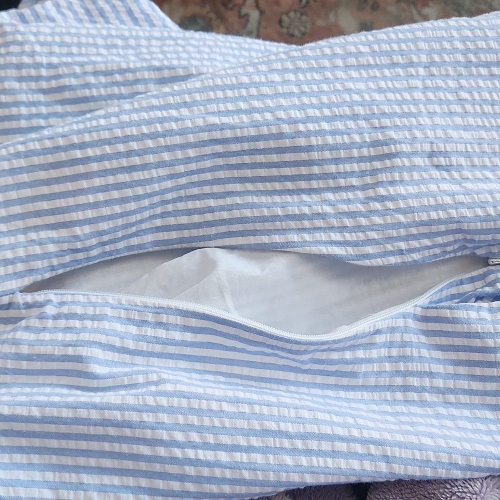Crown & Ivy Blue & White Striped Seersucker Shift Dress size 14 pockets - Picture 5 of 7
